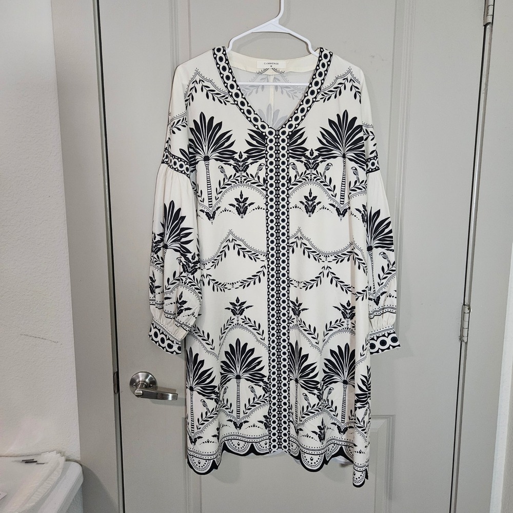 Commense Womens Palm Tree Print V-Neck Lantern Sleeve Mini Dress Cream Black M